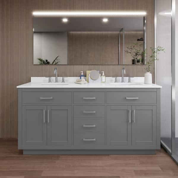 Wyndham Collection Beckett TK 72 in. W x 22 in. D x 35 in. H Double Sink Bath Vanity in Dark Gray with Brushed Nickel Trim White Quartz Top