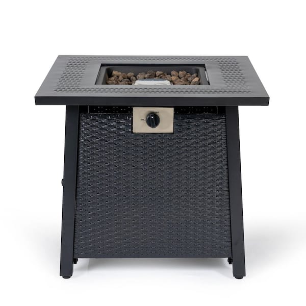 Woven Faux Rattan Series 27 in. D x 25 in. H Square Iron Propane Fire Pit Kit Black
