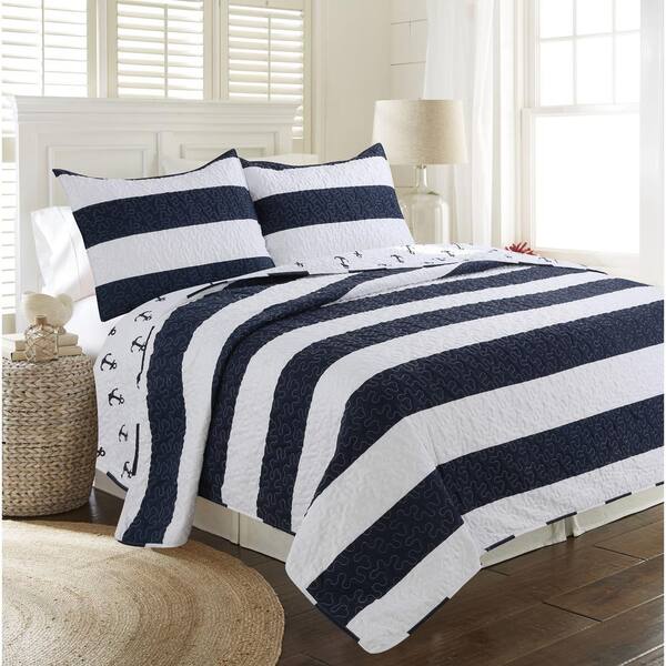 Twin Full Queen King Blue White Anchors Nautical Stripe 3 pc Quilt Set Coverlet 