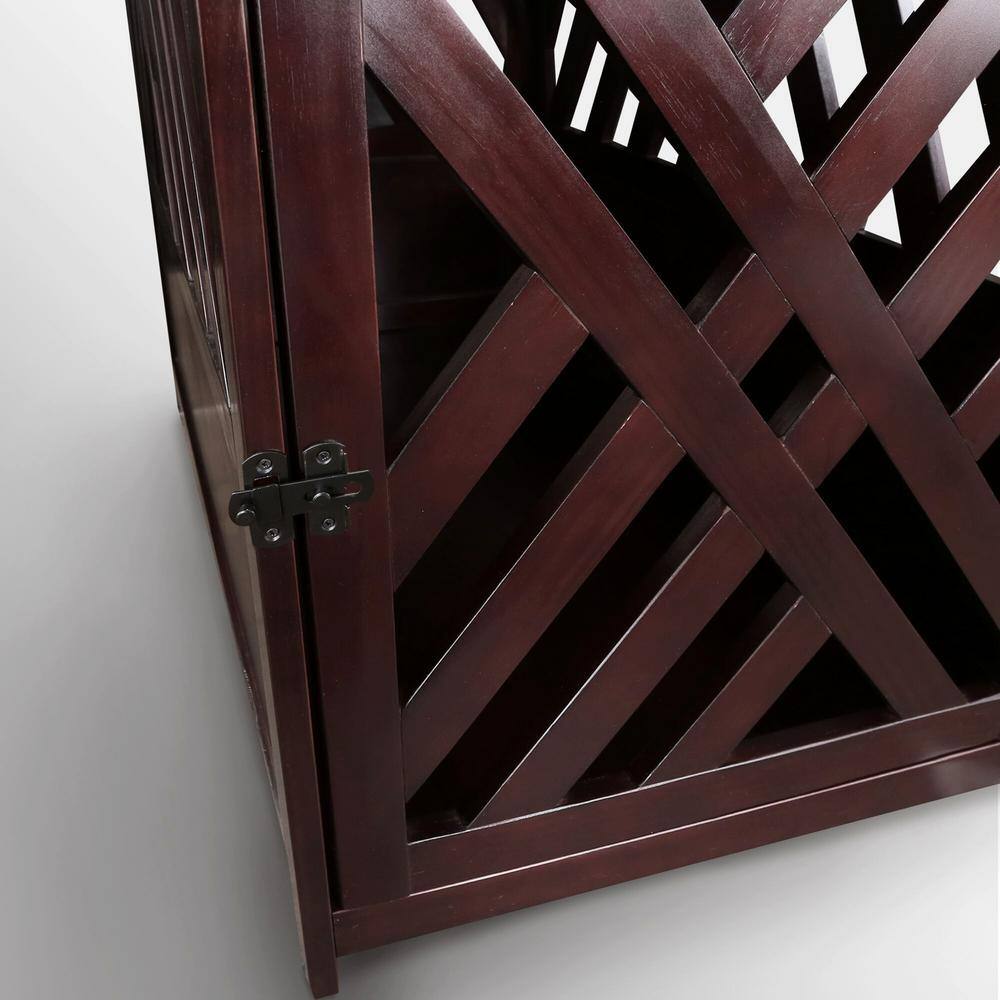 Espresso Pine Wood Lattice Pet Crate End Table