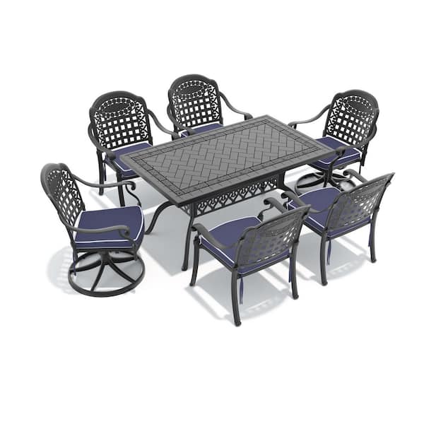 7-Piece Black Cast Aluminum Patio Outdoor Dining Set with Rectangular Table and 6 Swivel Dining Chairs, Blue Cushions