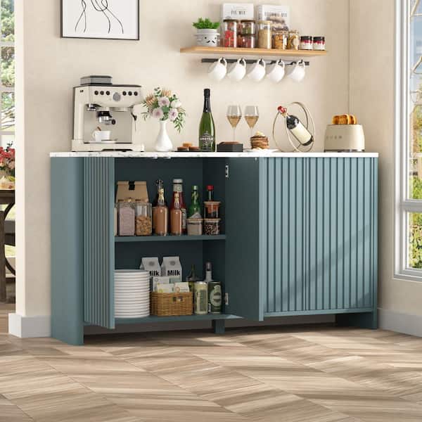 60.24 in. W Teal Blue MDF Sideboard Buffet, Accent Storage Cabinet with Adjustable Shelves and Curved Turn