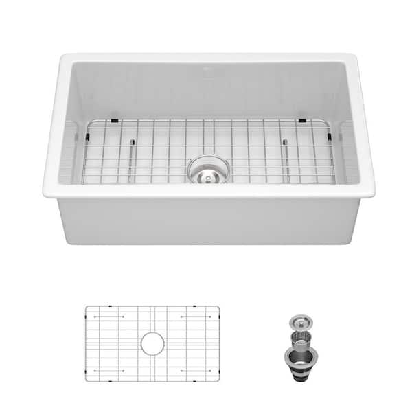 32 in. Undermount Single Bowl White Porcelain Ceramic Kitchen Sink Under Basin with Bottom Grid and Strainer in Silver