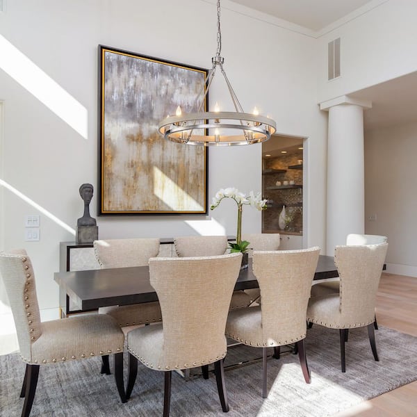 29.13 in. 8-light Farmhouse Satin Nickel Dimmable Wagon Wheel Chandelier for Living Room Dining Room