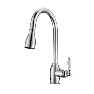 Bistro Single Handle Deck Mount Gooseneck Pull Down Spray Kitchen Faucet with Porcelain Handle in Polished Chrome