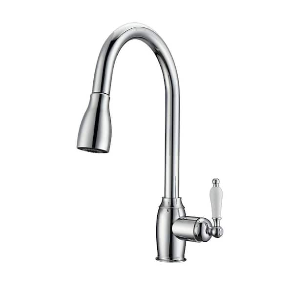 Barclay Products Bistro Single Handle Deck Mount Gooseneck Pull Down Spray Kitchen Faucet with Porcelain Handle in Polished Chrome
