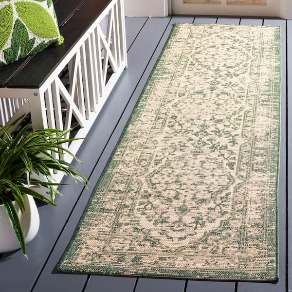Courtyard Beige/Dark Green 2 ft. x 8 ft. Border Floral Medallion Indoor/Outdoor Runner Rug