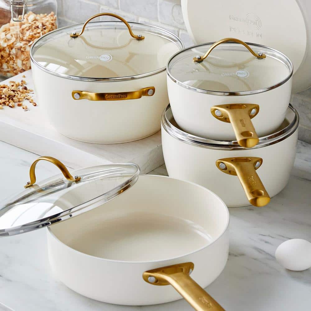 Cream and Gold 10-Piece Ceramic Nonstick Cookware Set