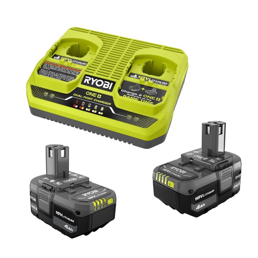 RYOBI ONE+ 18V Dual-Port Simultaneous Charger with ONE+ 18V 4.0 Ah Lithium-Ion Battery (2-Pack)