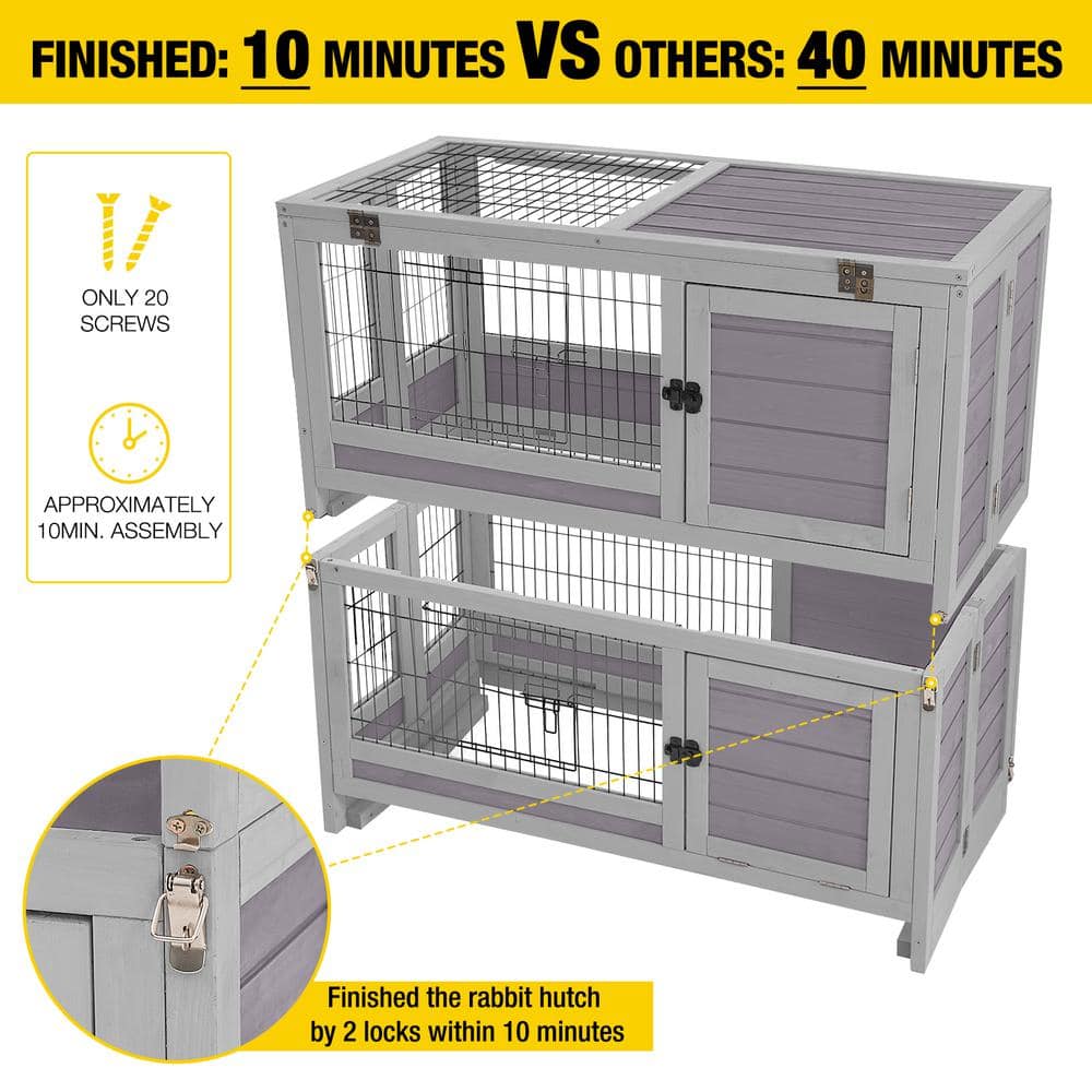 Large Gray Wooden Folding Rabbit Hutch with Wheels