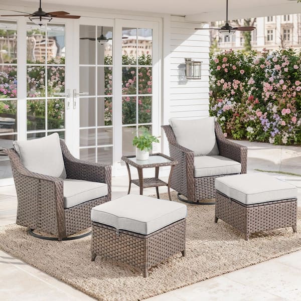 5-Piece Brown Wicker Patio Conversation Set with Beige Olefin Cushions and 4 In. Wide Armrest/Patio Swivel Chairs