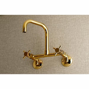 Austin Adjustable Center 2-Handle Wall-Mount Standard Kitchen Faucet in Polished Brass