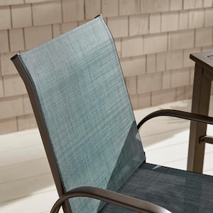 Mix and Match Dark Taupe Steel Sling Outdoor Patio Dining Chair in Conley Denim Blue (2-Pack)