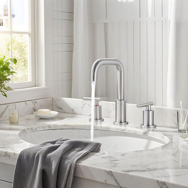 8 in. Widespread Double-Handle High-Arc Bathroom Sink Faucet with Drain Kit in Brushed Nickel