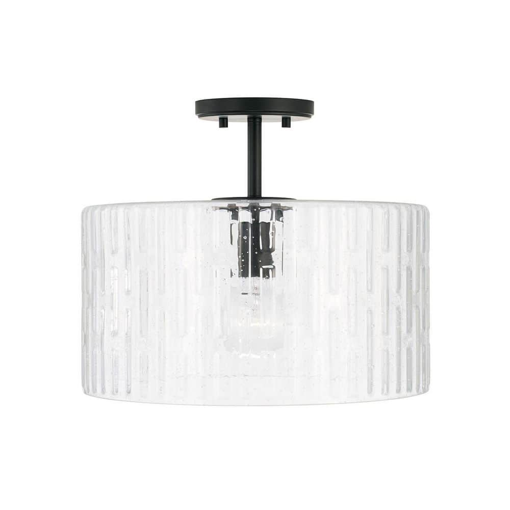 Emerson 15 in. 1-Light Matte Black Dual Mount Semi-Flush or Pendant Light with Embossed Seeded Glass, No Bulbs Included price history on PriceWatchPro