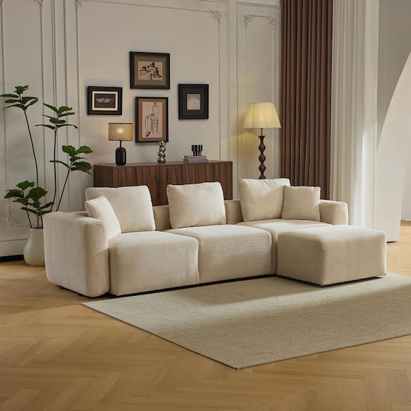 Karl home Compressed Block's Collection 112 in. W sq. Arm Corduroy L-shaped Modern Sofa in. White with Ottoman