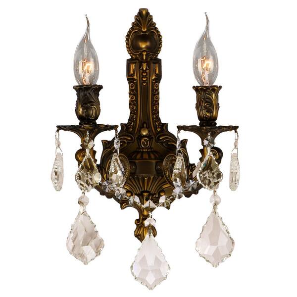 Worldwide Lighting Versailles 2-Light Antique Bronze Finish with Golden Teak Crystals Medium Wall Sconce