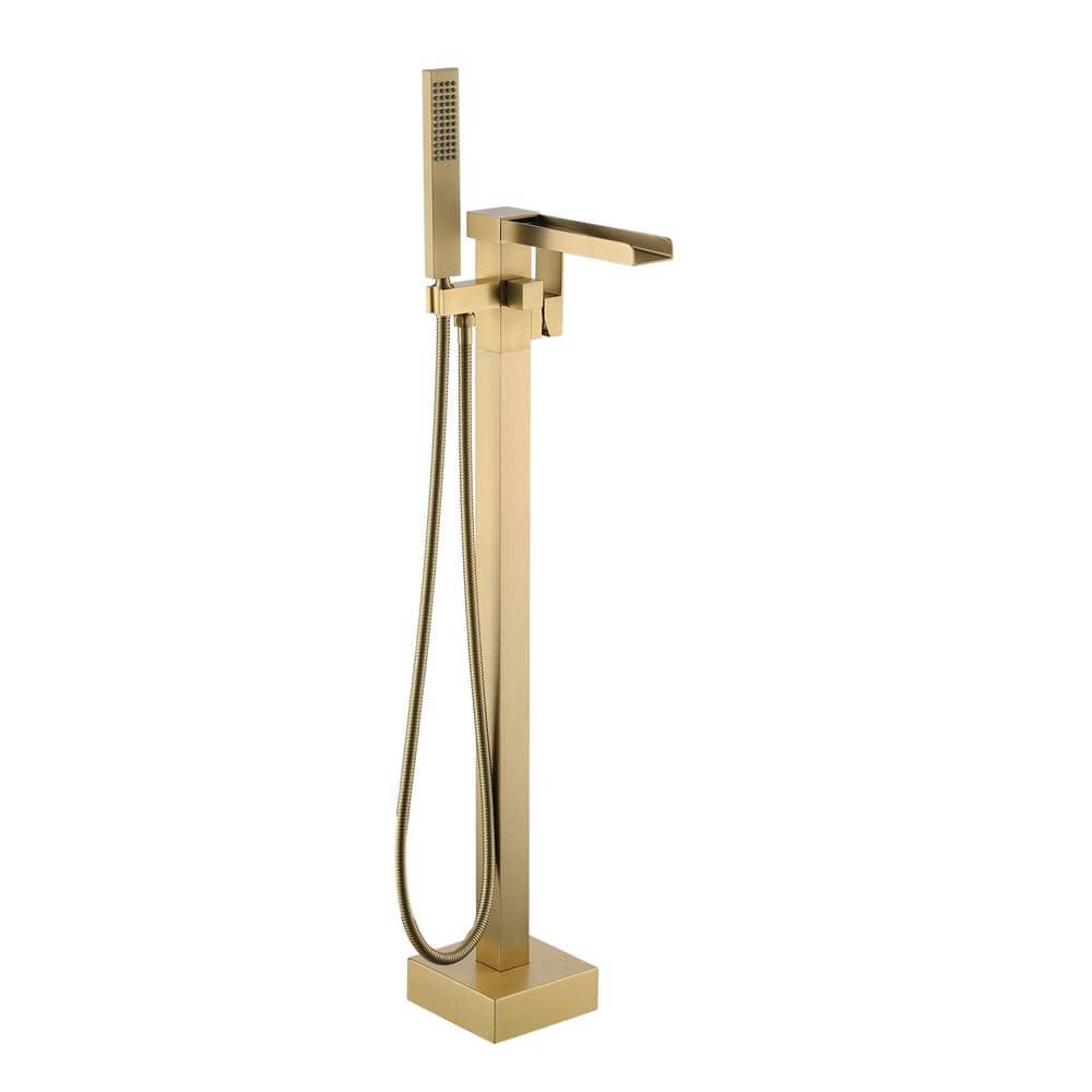 Freestanding Floor Mount Single Handle Waterfall Tub Filler Faucet with Han