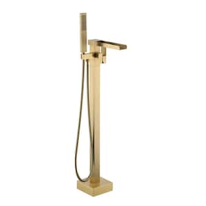 Freestanding Floor Mount Single Handle Waterfall Tub Filler Faucet with Handheld Shower in Brushed Gold