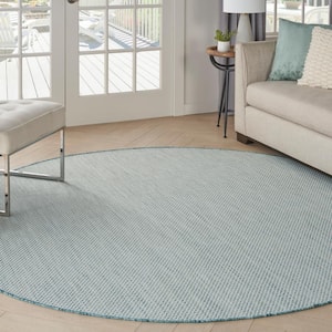 Courtyard Ivory/Aqua 8 ft. x 8 ft. Solid Geometric Contemporary Round Indoor/Outdoor Area Rug