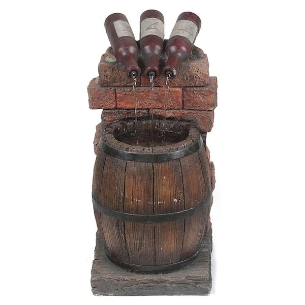 LuxenHome Resin Wine Bottle and Barrel Outdoor Cascade Fountain with LED Lights