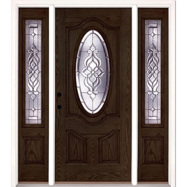 63.5 in.x81.625 in. Lakewood Zinc 3/4 Oval Lite Stained Walnut Oak Right-Hand Fiberglass Prehung Front Door w/Sidelites