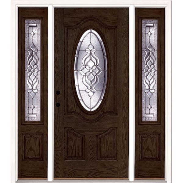 Feather River Doors 63.5 in.x81.625 in. Lakewood Zinc 3/4 Oval Lite Stained Walnut Oak Right-Hand Fiberglass Prehung Front Door w/Sidelites