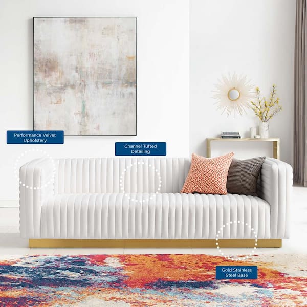 MODWAY Charisma 36 in. White Channel Tufted Velvet 3-Seater