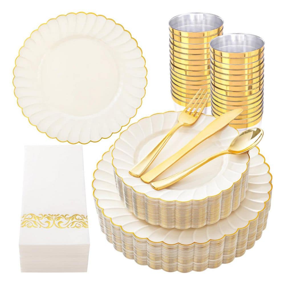Anqtovp 175-Piece Ivory Scalloped Plastic Dinnerware Set w/ Gold