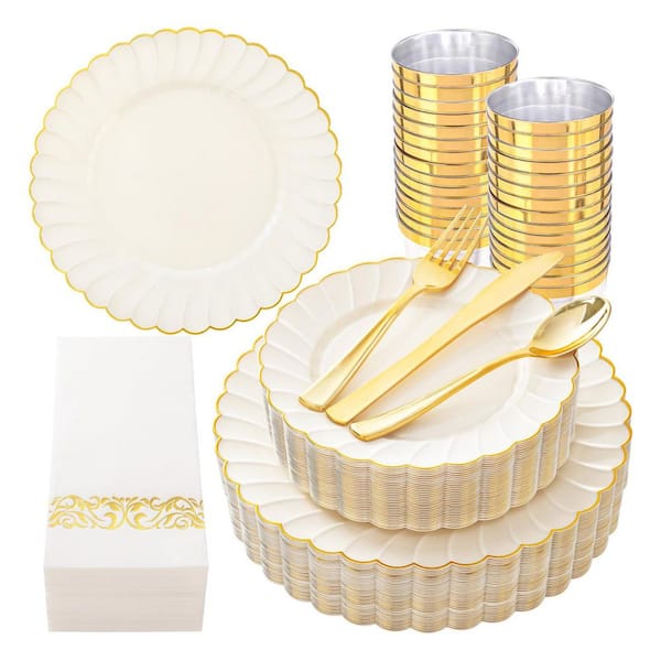 175-Piece Ivory Scalloped Plastic Dinnerware Set w/ Gold Trim - Includes Plates, Silverware, Cups and Napkins for Party