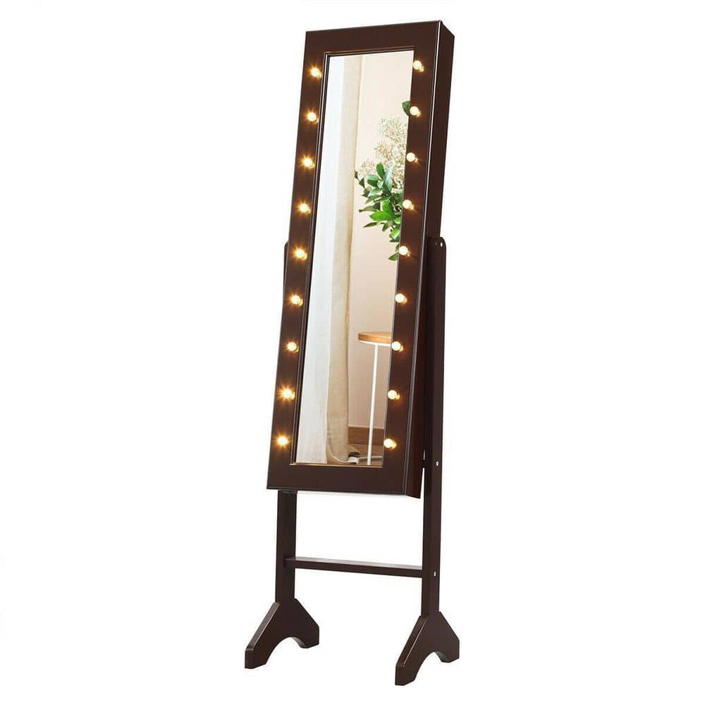Brown Mirrored Standing Jewelry Armoire Cabinet with LED Lights