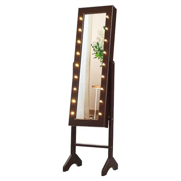 ANGELES HOME Brown Mirrored Standing Jewelry Armoire Cabinet with LED Lights