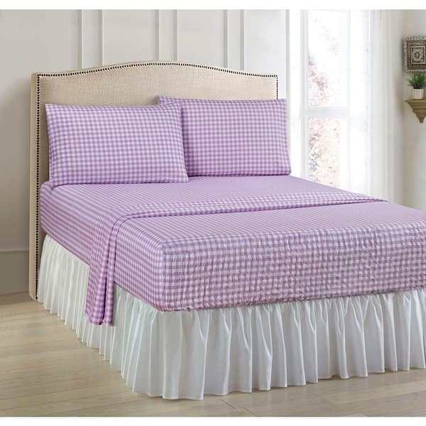 BedTite Absolutely Fitting Gingham 4-Piece Lilac Microfiber King Sheet Set