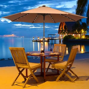 11 ft. 40 LED Lights Outdoor Steel Patio Market Umbrella with Crank in Tan, Base Not Included