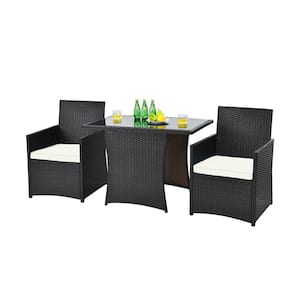 3-Piece Patio Wicker Bistro Set PE Rattan Dining Table Set with White Cushions