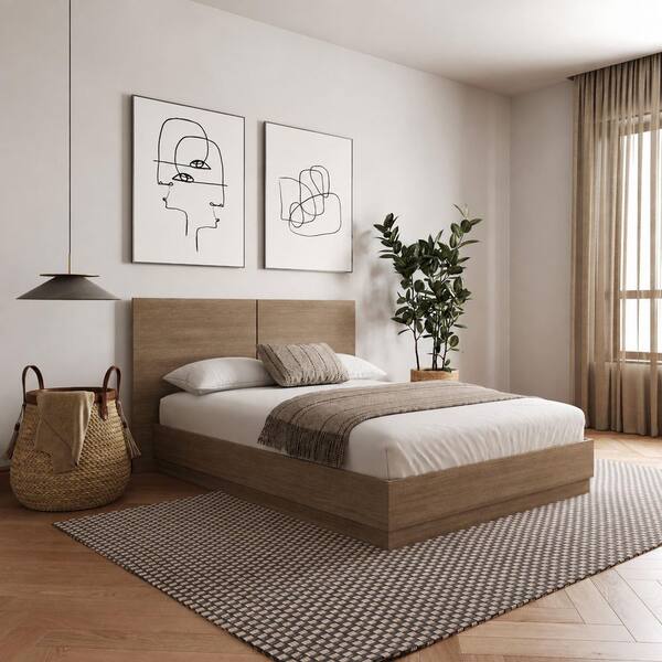 Milano Brown Oak Frame Queen Size Platform Bed with Headboard