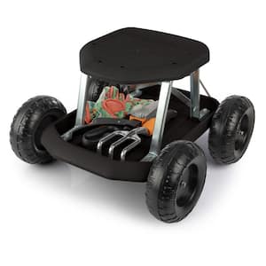 2.42 cu. ft. Plastic Gardening Stool-Black Rolling Garden Seat with Wheels and Storage Tool Tray-Garden Cart Scooter