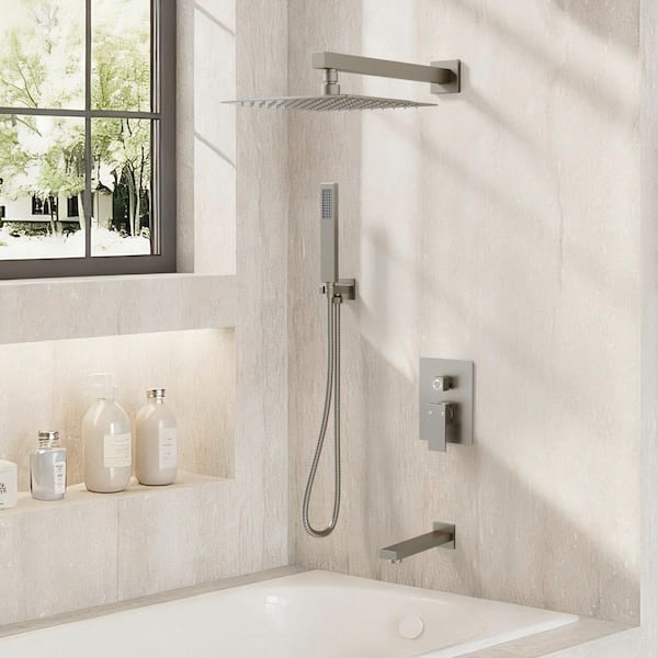 Dual Handles 3-Spray 10 in. Wall Mount 2.5 GPM Shower Head Tub and Shower Faucet in Brushed Nickel (Valve Included)