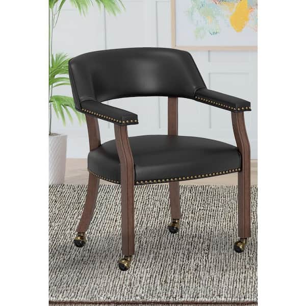 Georgio Black Faux Leather Dining and Game Chair in Walnut Finish with Nailhead Trim