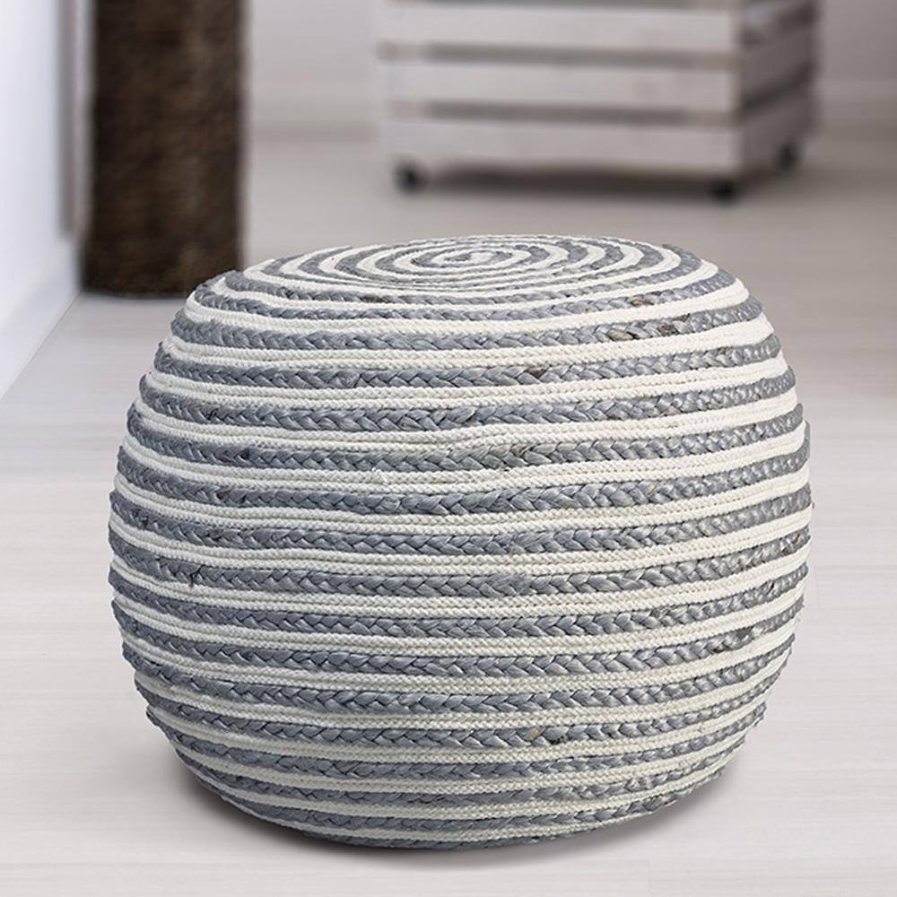 Gray and White Braided Jute Round Pouf, 20"