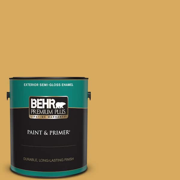 BEHR PREMIUM PLUS 1 gal. #340D-5 Galley Gold Semi-Gloss Enamel Exterior Paint & Primer
