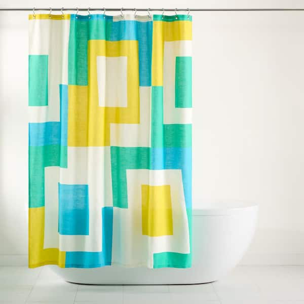 Home Dynamix Lucy Mid Century 70 in. x 72 in. Cotton Squares Shower Curtain White Yellow (Single Pack)
