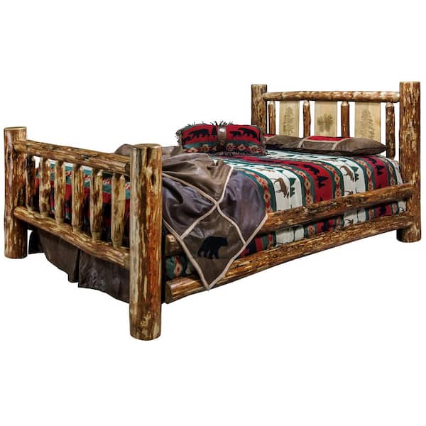 Montana Woodworks Glacier Brown King Laser Engraved Pine Motif Spindle Style Bed