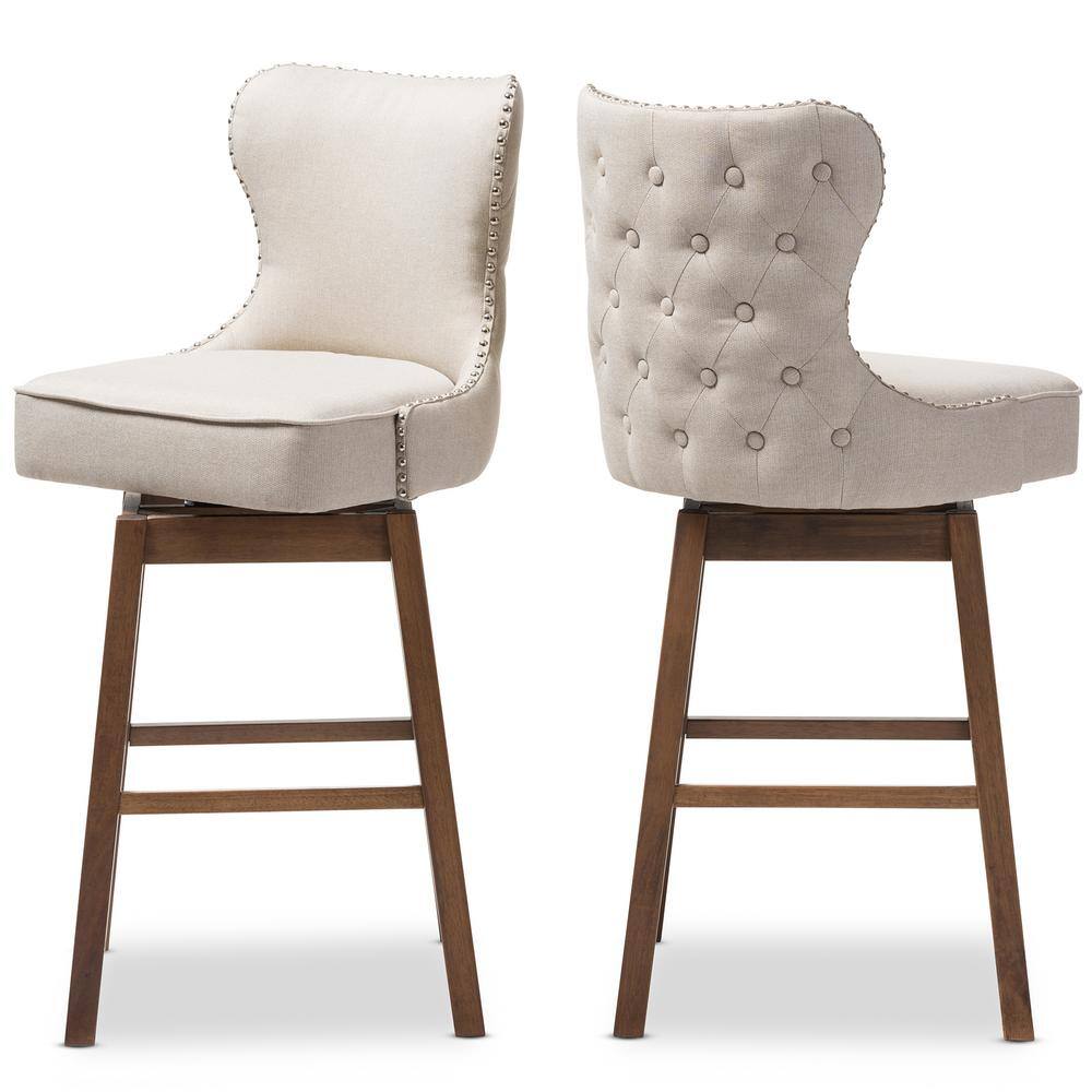 Modern Light Beige Button-Tufted Swivel Barstool in Walnut Wood