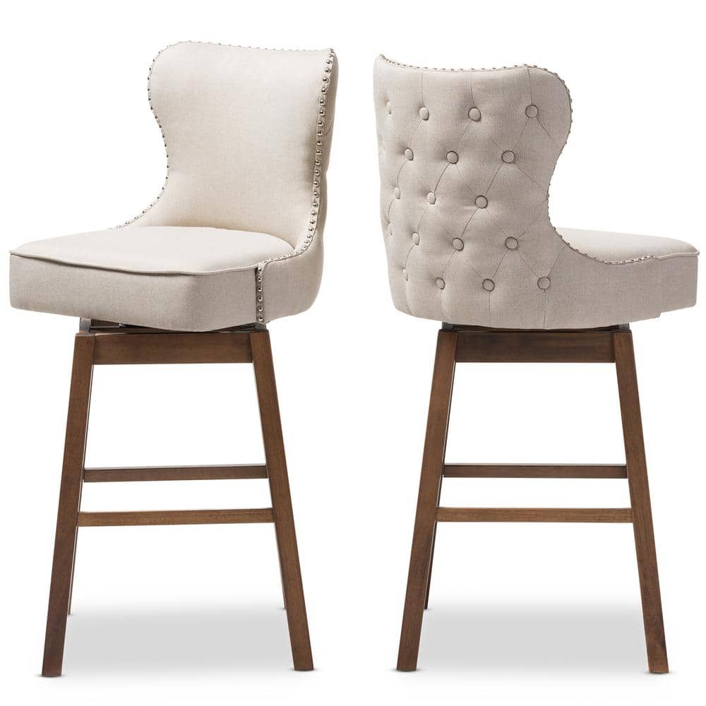 Modern Light Beige Button-Tufted Swivel Barstool in Walnut Wood