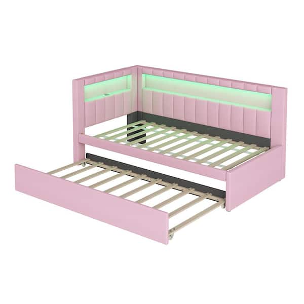 Pink Twin Upholstered Twin Size Daybed with USB Ports and LED Belt
