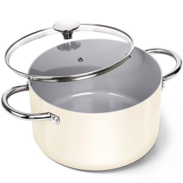 6 qt. Aluminum Stock Pot with Lid and Ceramic Coating, Nonstick Ceramic Cooking Pot for Kitchen, Beige