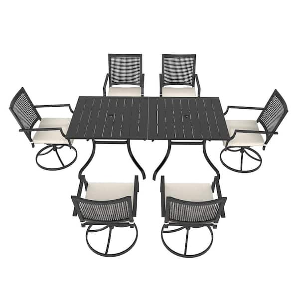 Mondawe 8-Piece Metal Outdoor Dining Set Square Table with Umbrella Hole Swivel Dining Chairs with Beige Cushions