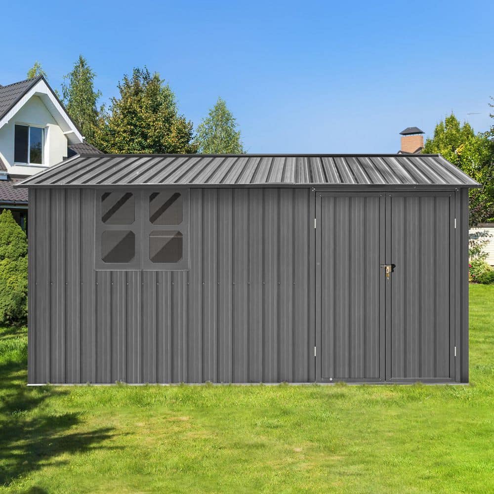 10 ft. x 12 ft. Gray Outdoor Double Door Metal Storage Shed with Window, Pa