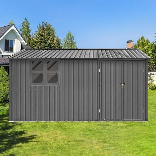 Unbranded 10 ft. x 12 ft. Gray Outdoor Double Door Metal Storage Shed with Window, Padlock and Hooks,120 sq. ft.